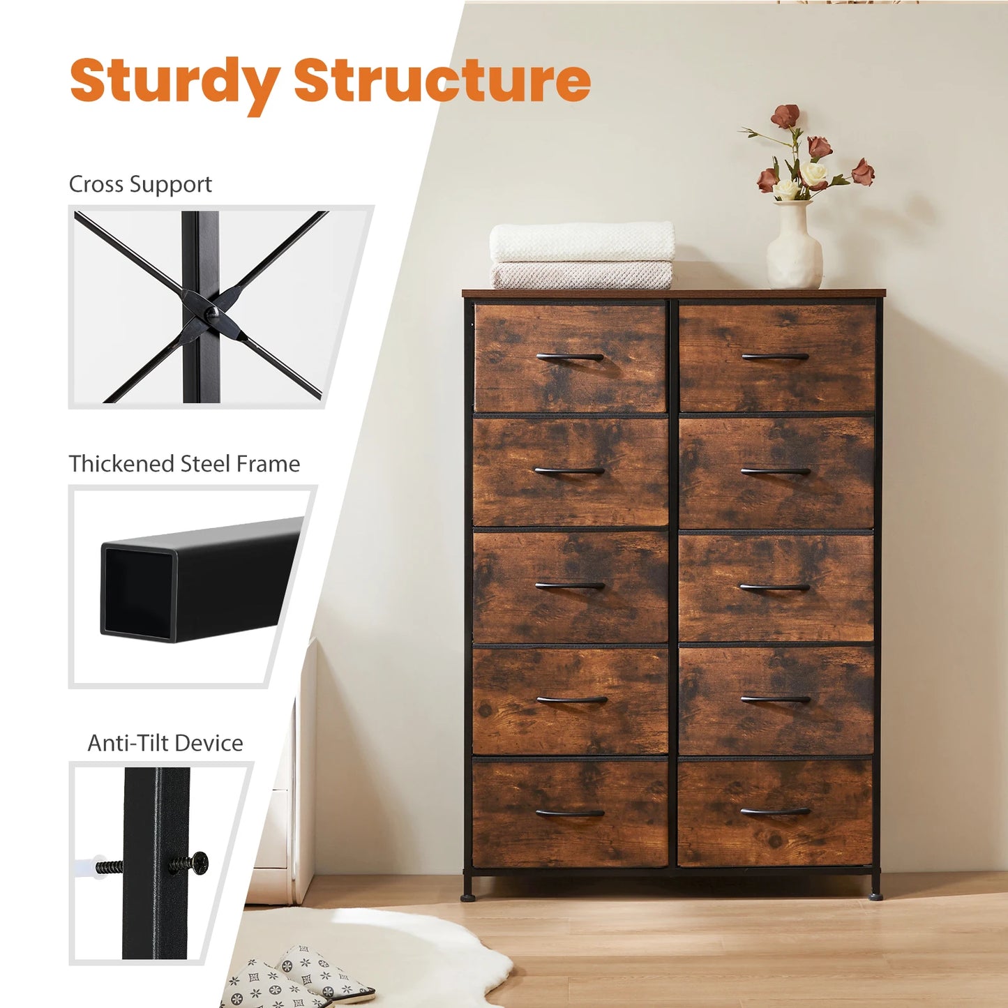 JHK Bedside Table With Fabric Drawers Wardrobe And Steel Frame