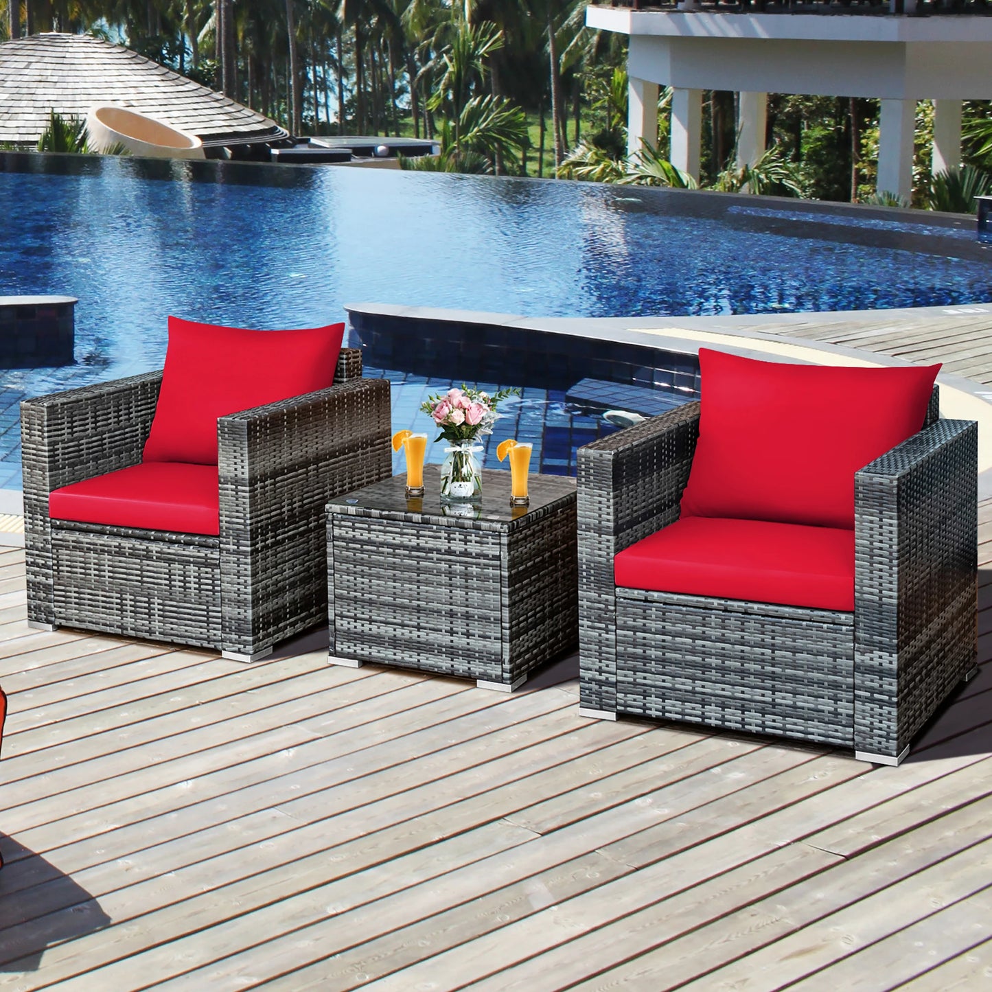 HOMASIS 3 Piece Patio Rattan Bistro Set Cushioned Outdoor Furniture
