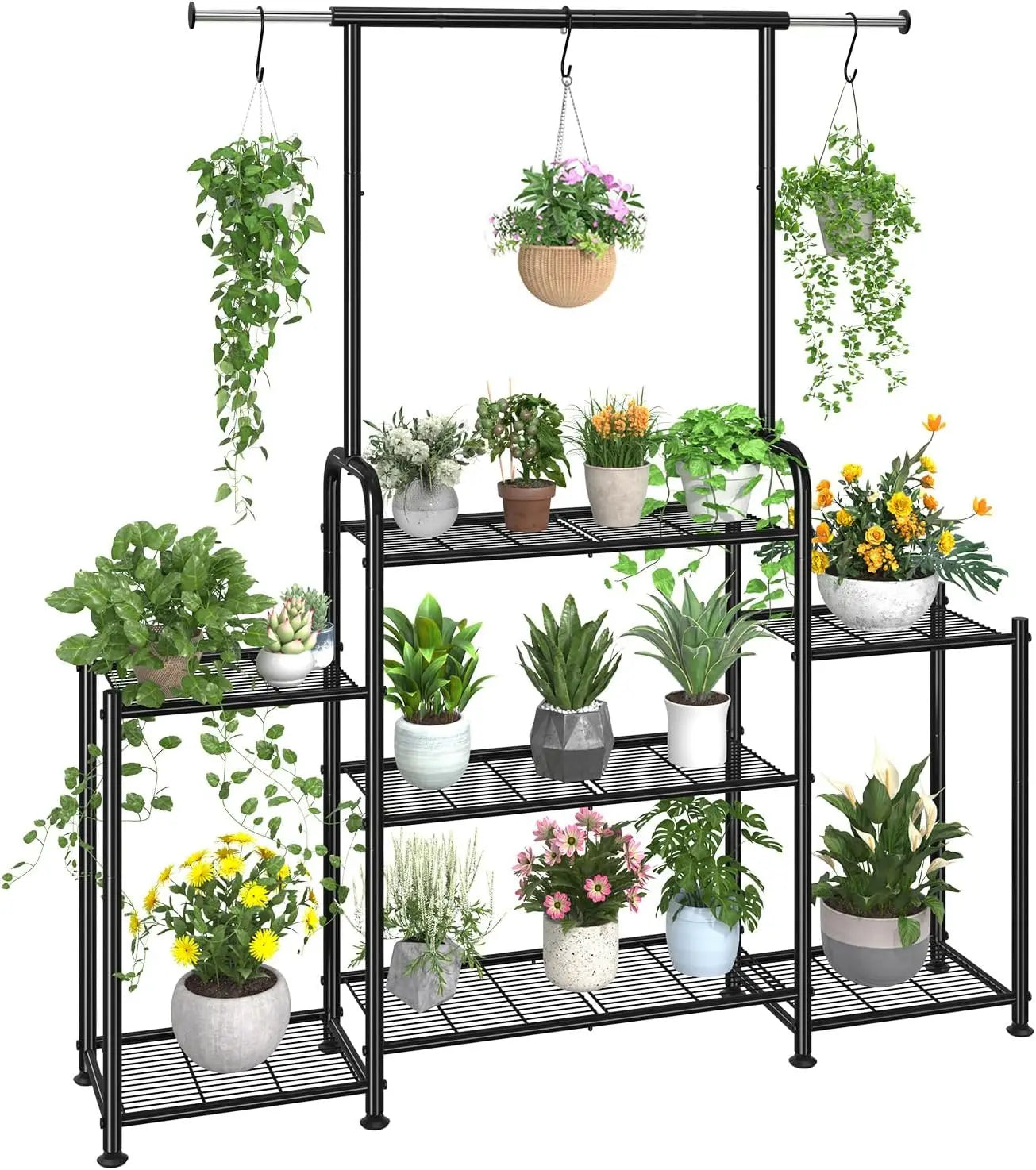 Three Tier Metal Plant Stand Indoor Outdoor Expandable Hanging Shelf