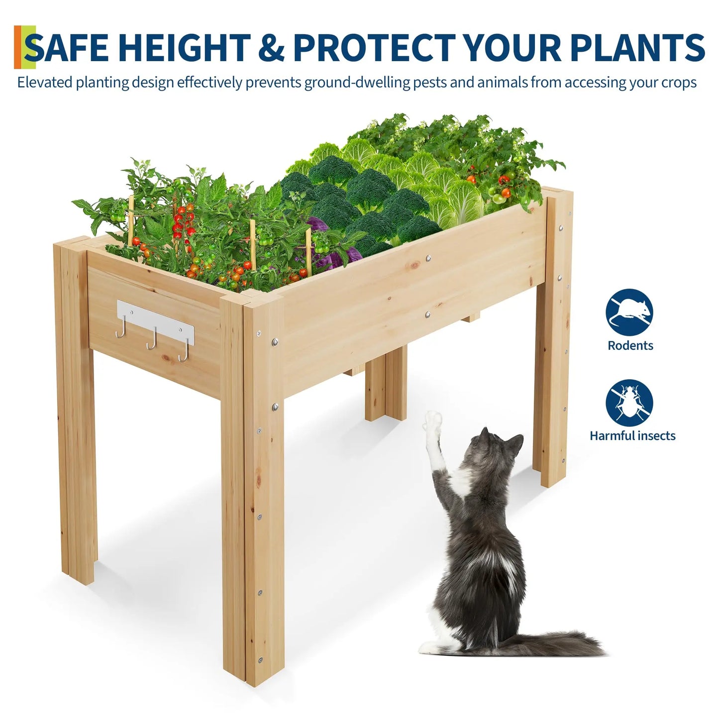 Durable Elevated Wooden Garden Bed Planter Box With Legs Hooks