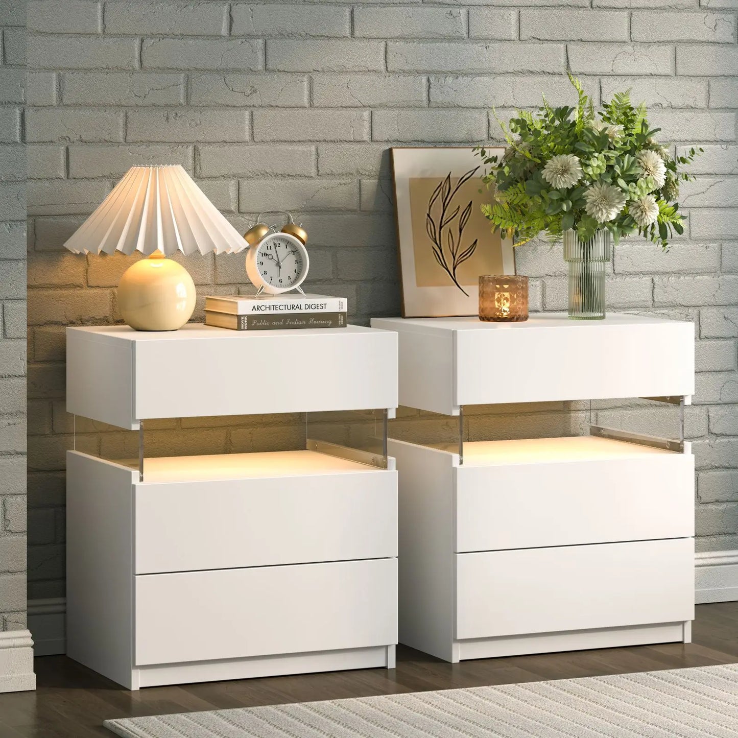 Cubehom Bedside Table Set With LED Lighting And 3 Drawers