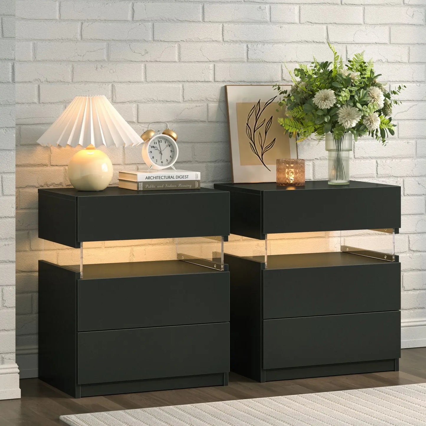 Cubehom Bedside Table Set With LED Lighting And 3 Drawers