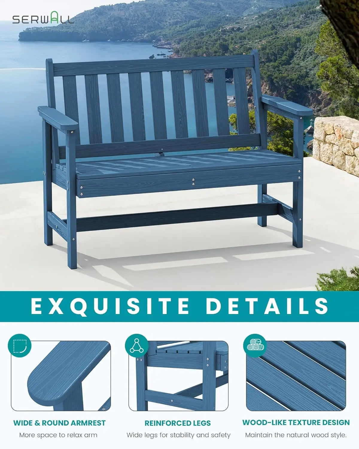 HDPE Outdoor Bench Weatherproof 2 Person Garden Patio Bench