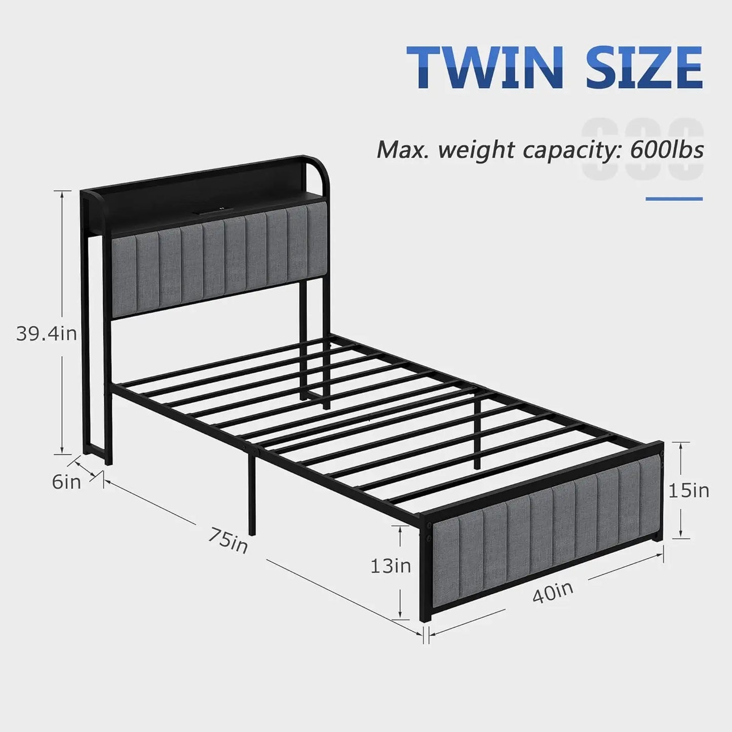 Bed Frame With Storage Headboard Charging Station Heavy Duty Slats