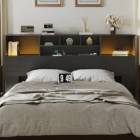 Wood Headboard With USB Storage And LED Lights Wall Mount