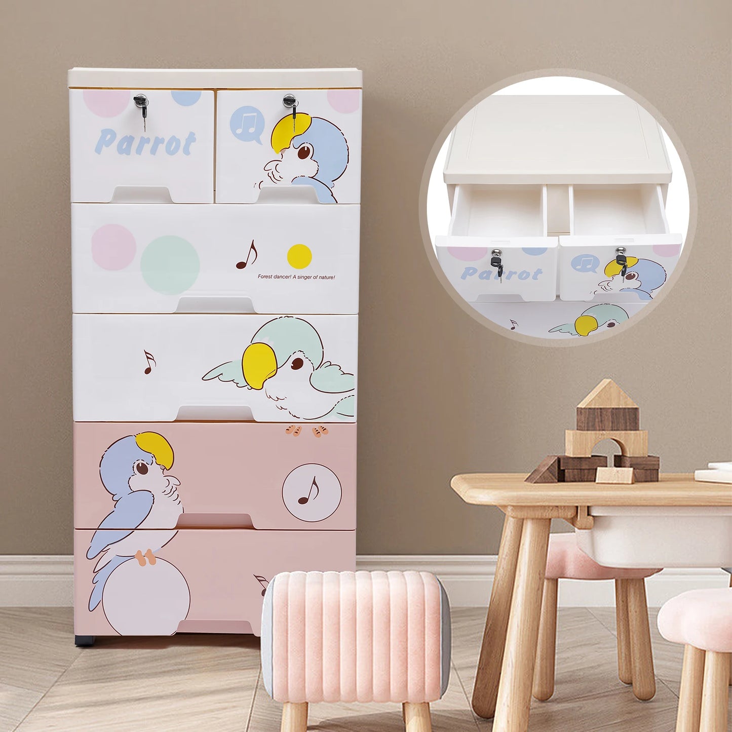 Modern Rolling Plastic Dresser Storage Cabinet With Lock 6 Drawers