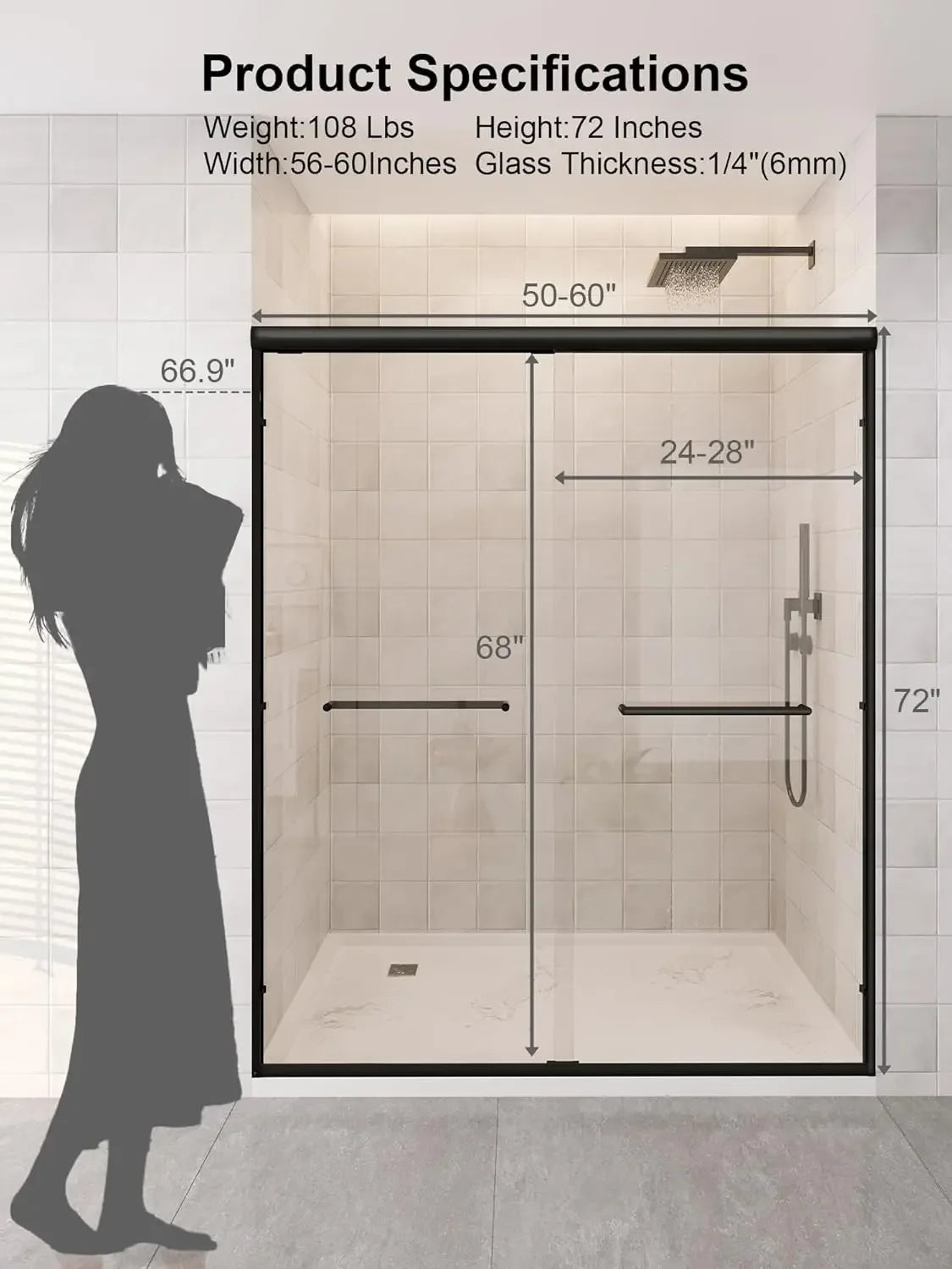 Glass Shower Door Sliding Aluminum Semi Frameless Explosion Proof Coating