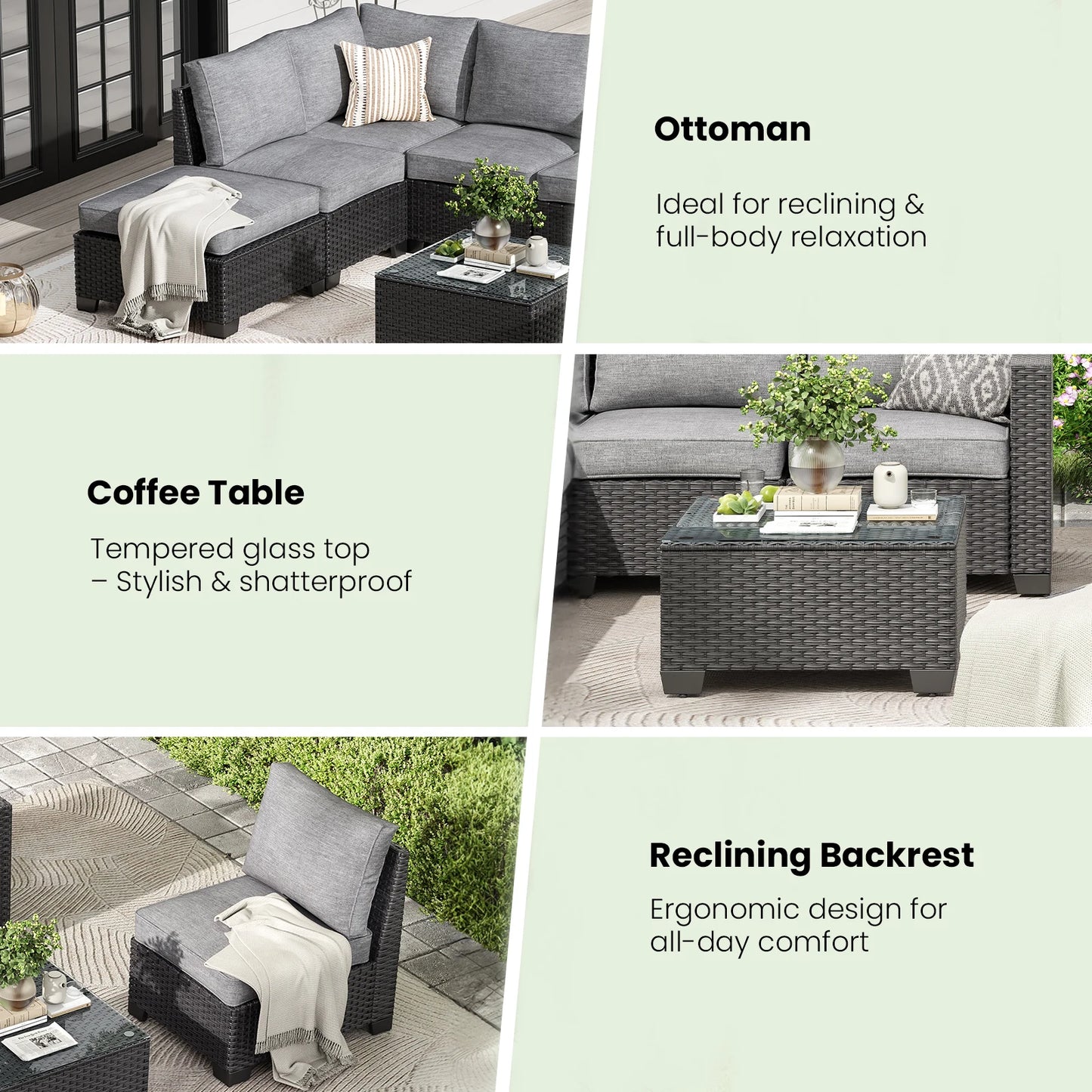 Patio Sectional Sofa Set With Ottoman Outdoor Stain Resistant Fabric