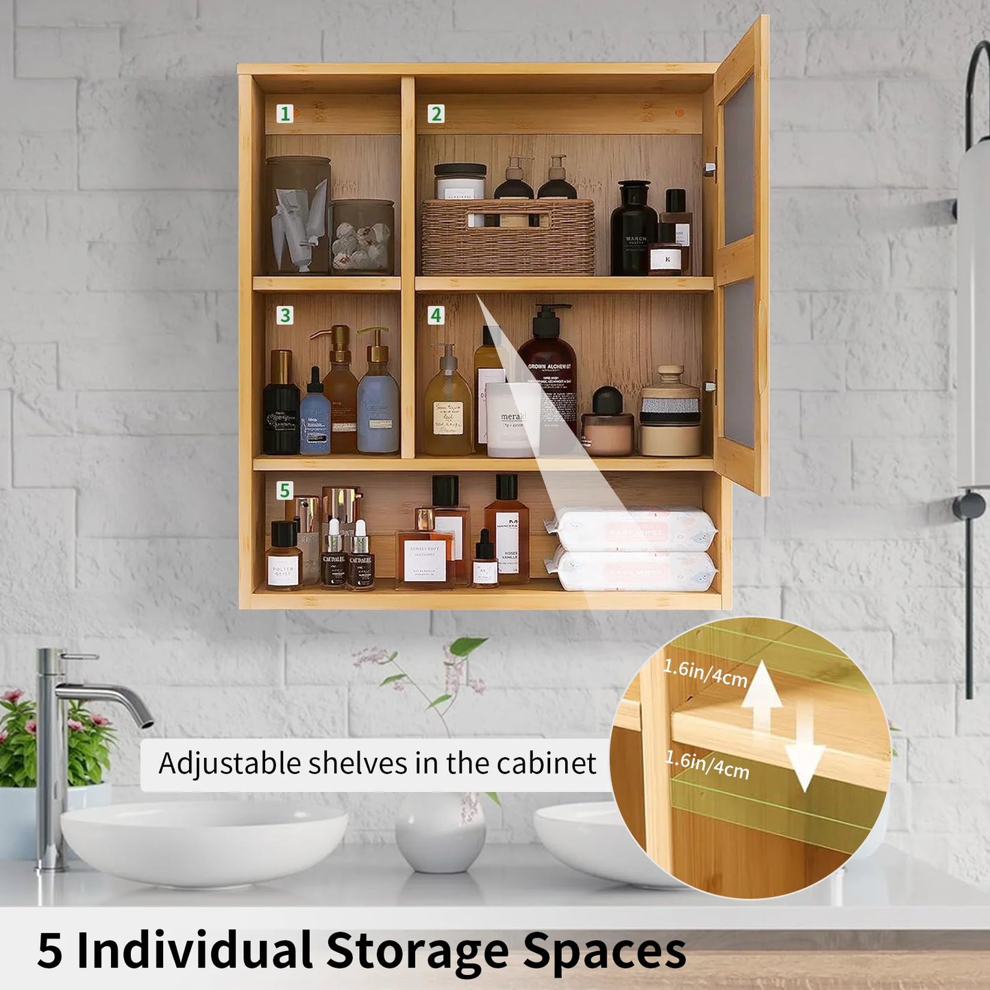Natural Bamboo Wall Mounted Medicine Cabinet With Five Tier Shelves