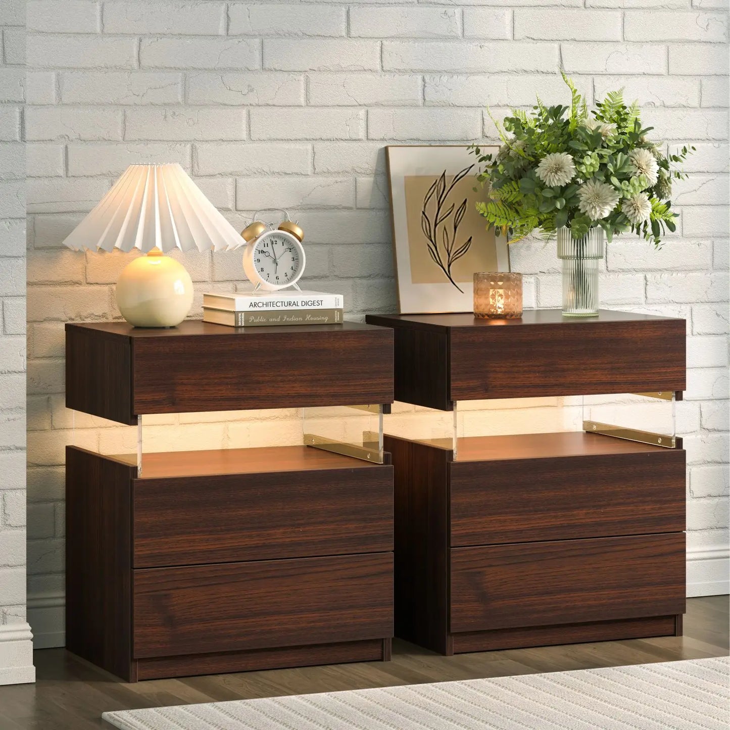 Cubehom Bedside Table Set With LED Lighting And 3 Drawers