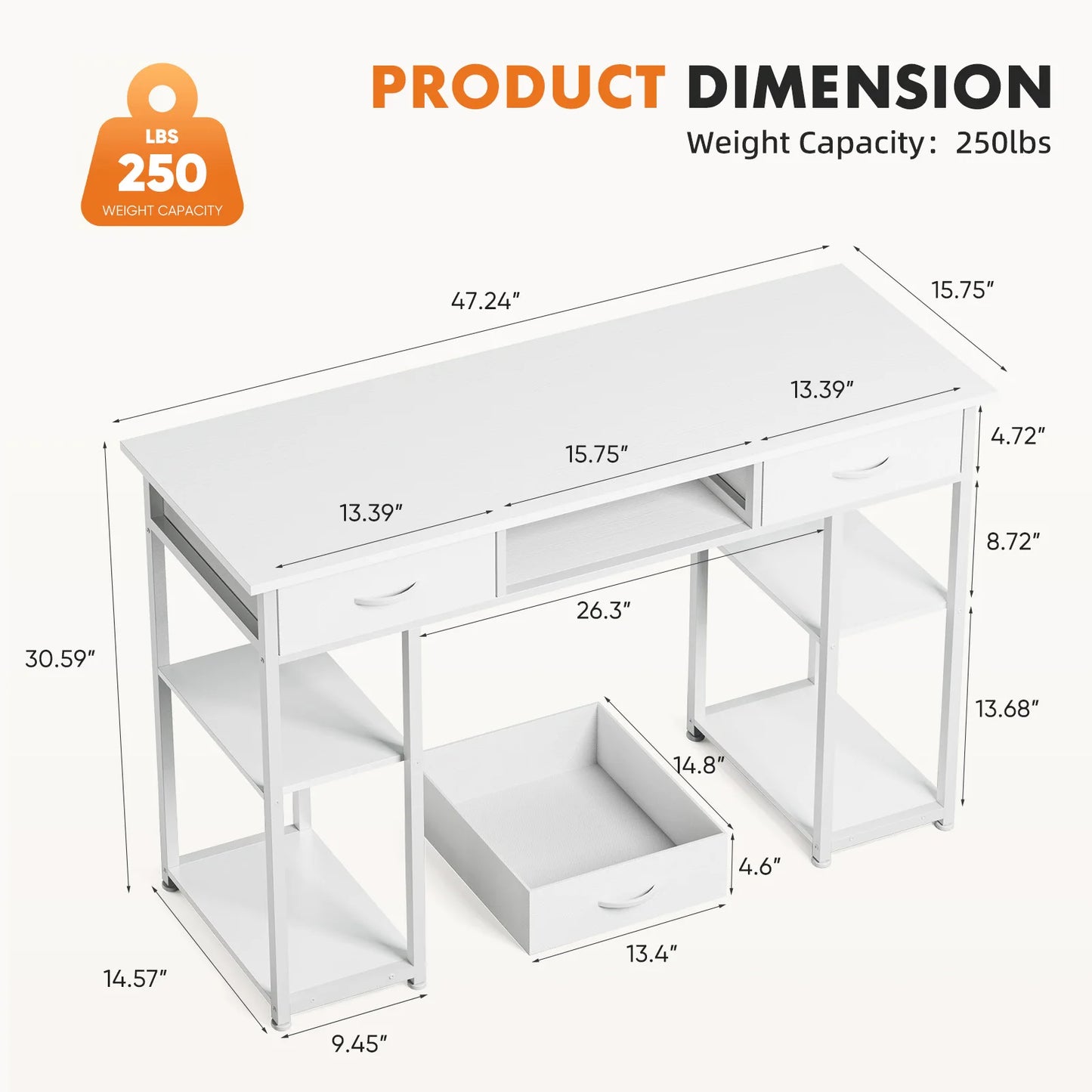 JHK Computer Gaming Desk With Metal Frame Fabric Drawers And Shelves