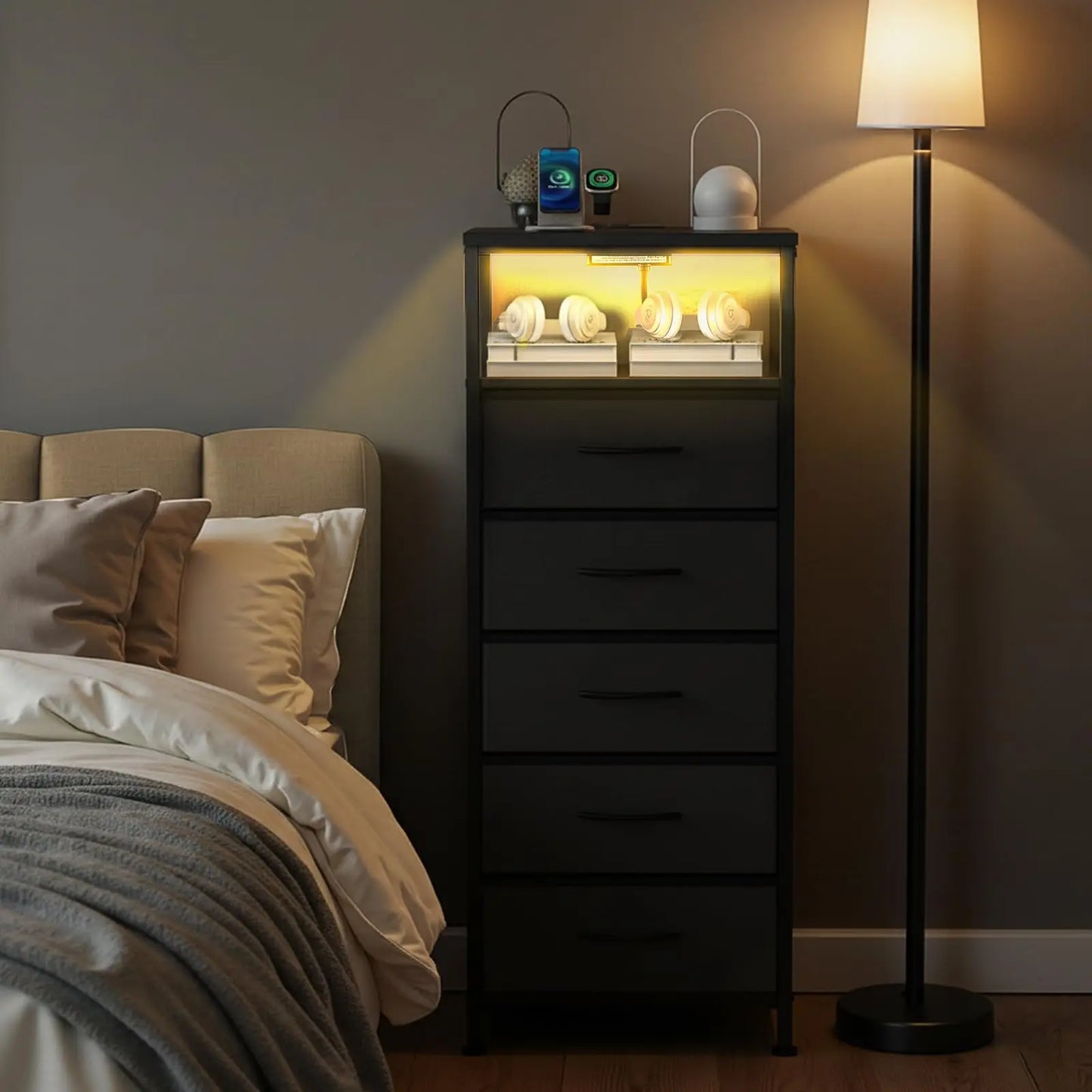 JHK 5 Drawer Dresser Nightstand With Charging Station