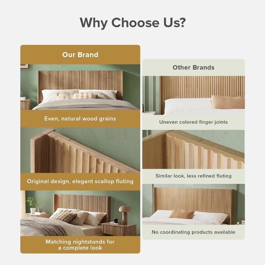 Wall Mount Wood Headboard With Fluted Panel And Wingback Design