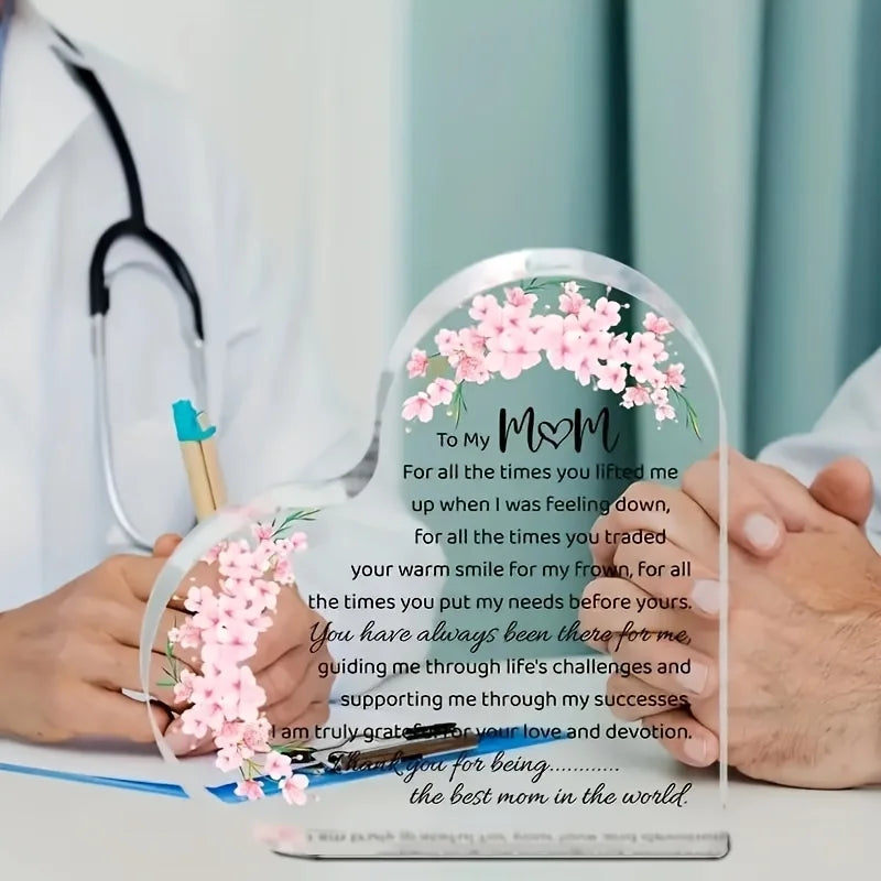 Heart Shaped Acrylic Mom Appreciation Plaque With Floral Design Gift
