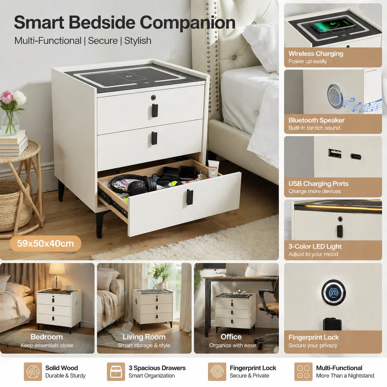 Solid Wood Nightstand With USB Charging Bluetooth Speaker And 3 Drawers