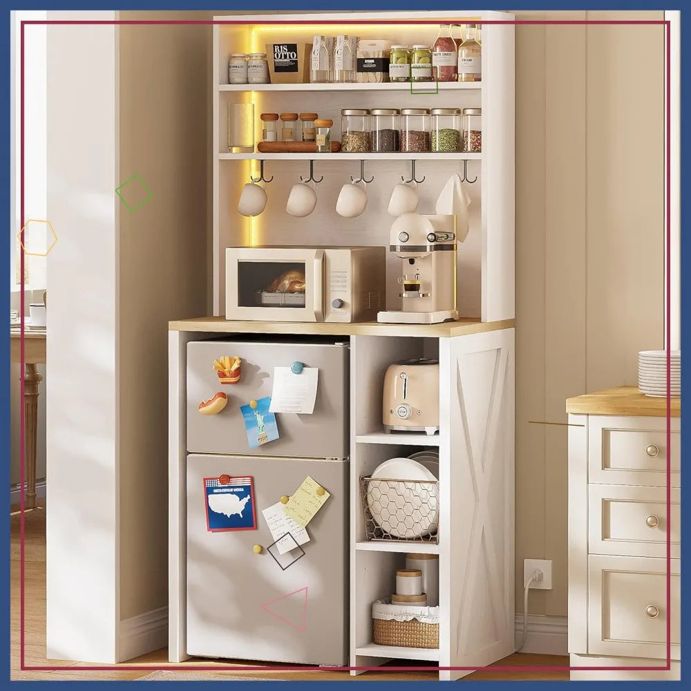 Kitchen Microwave Stand With Mini Fridge LED Lighting Power Outlets