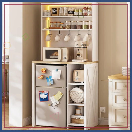 Kitchen Microwave Stand With Mini Fridge LED Lighting Power Outlets