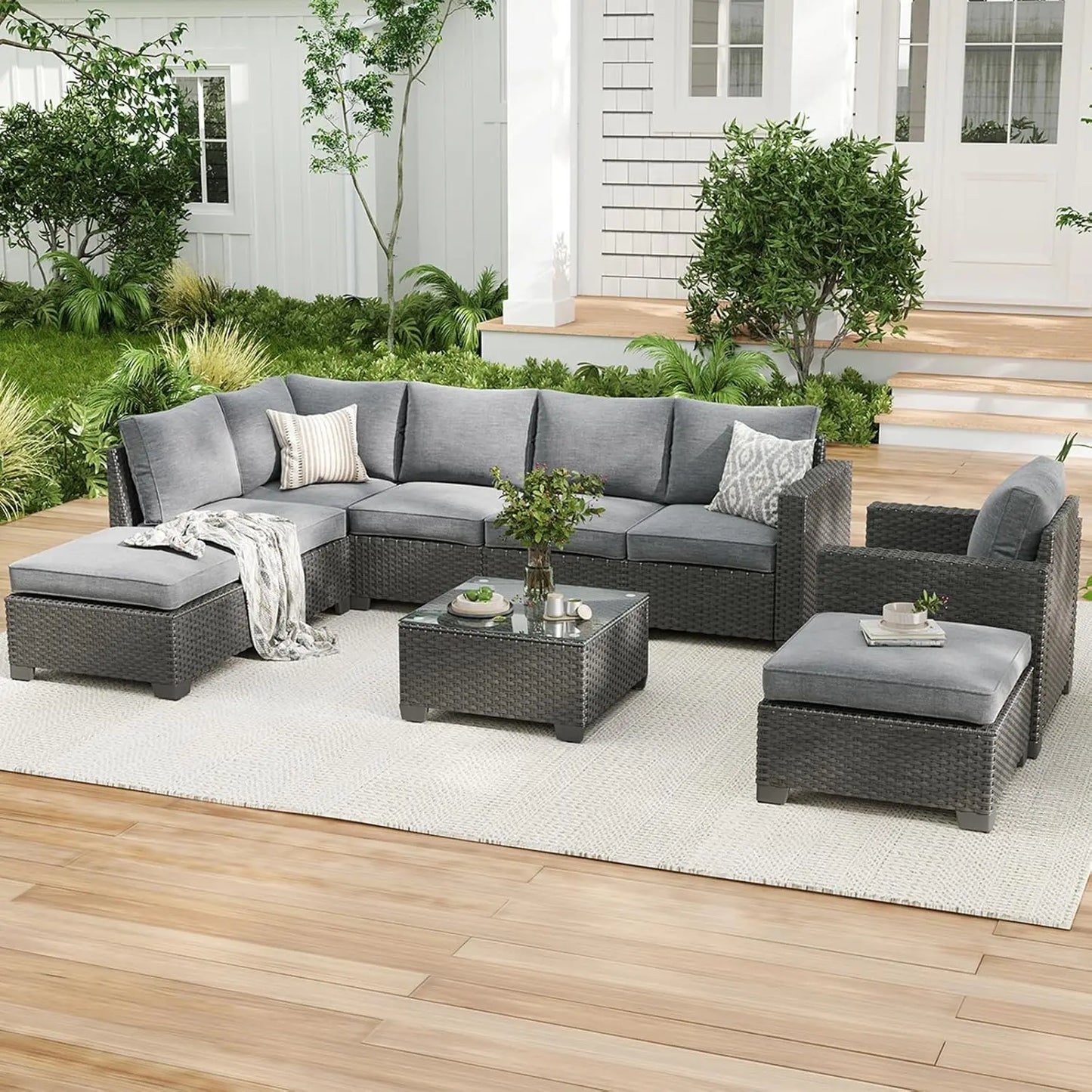 Patio Sectional Sofa Set With Ottoman Outdoor Stain Resistant Fabric