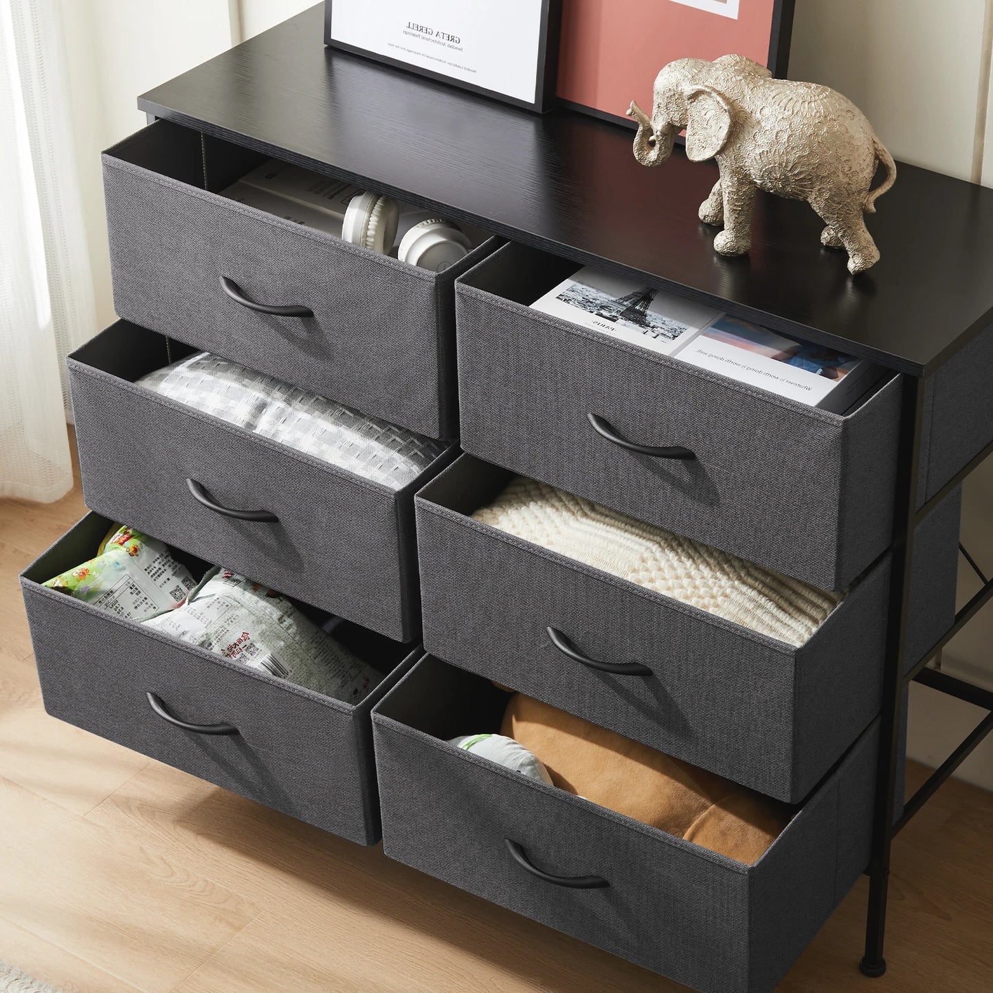 JHK Six Drawer Fabric Nightstand With Storage For Bedroom