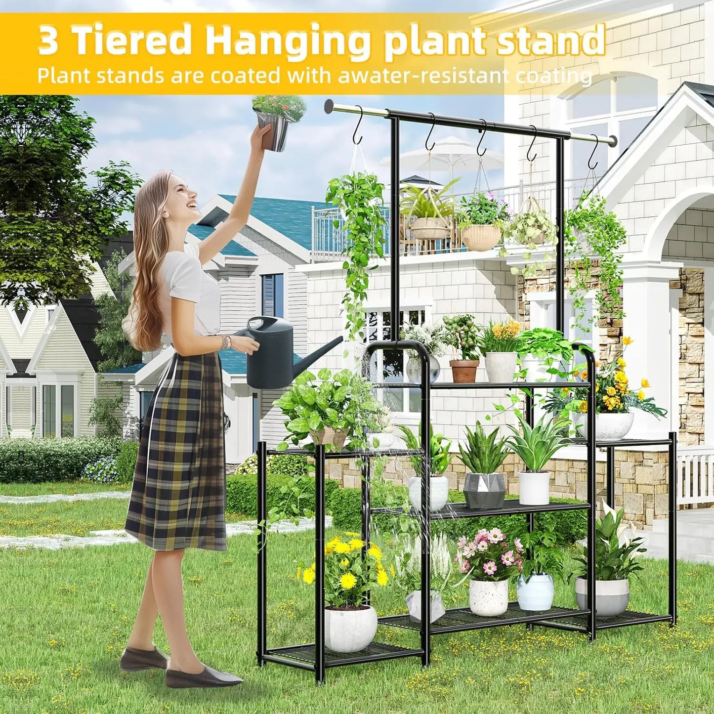 Three Tier Metal Plant Stand Indoor Outdoor Expandable Hanging Shelf