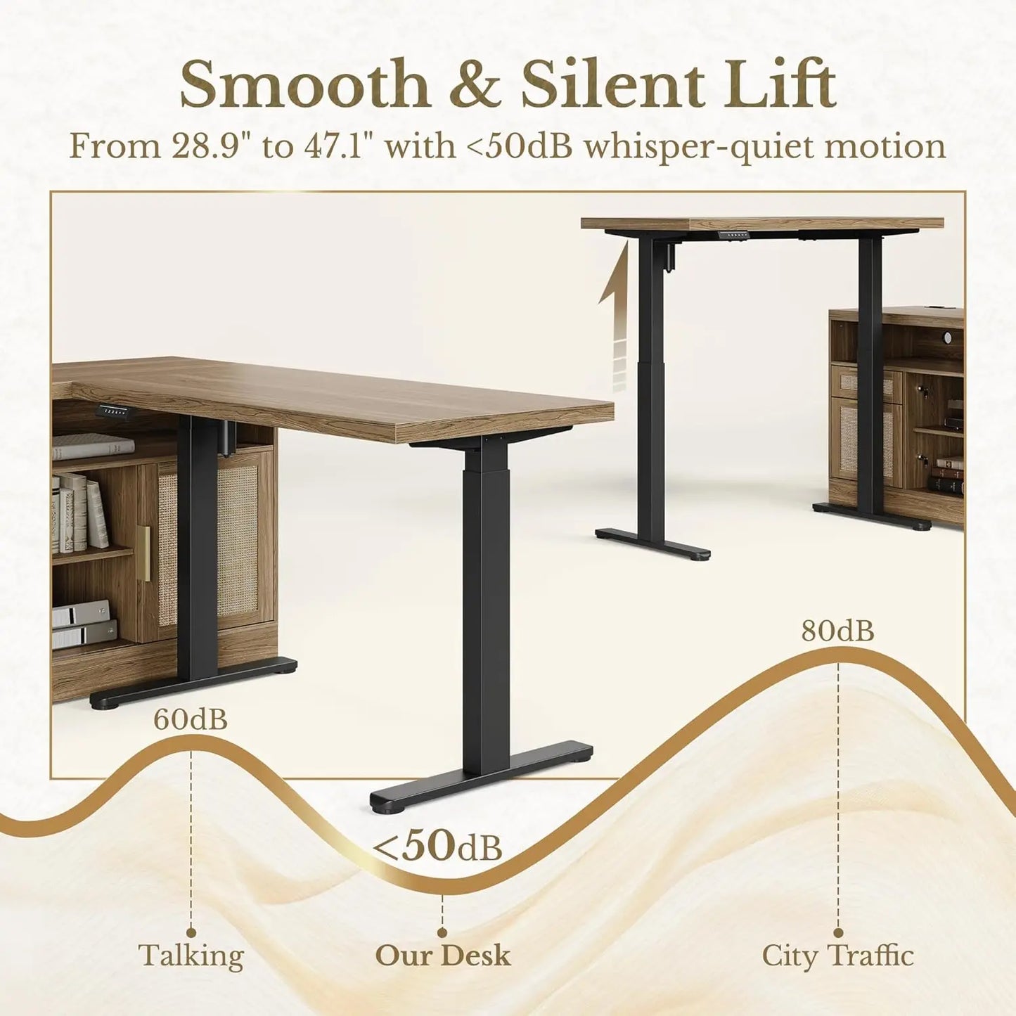 Electric Height Adjustable Standing Desk With Bookshelf And File Storage