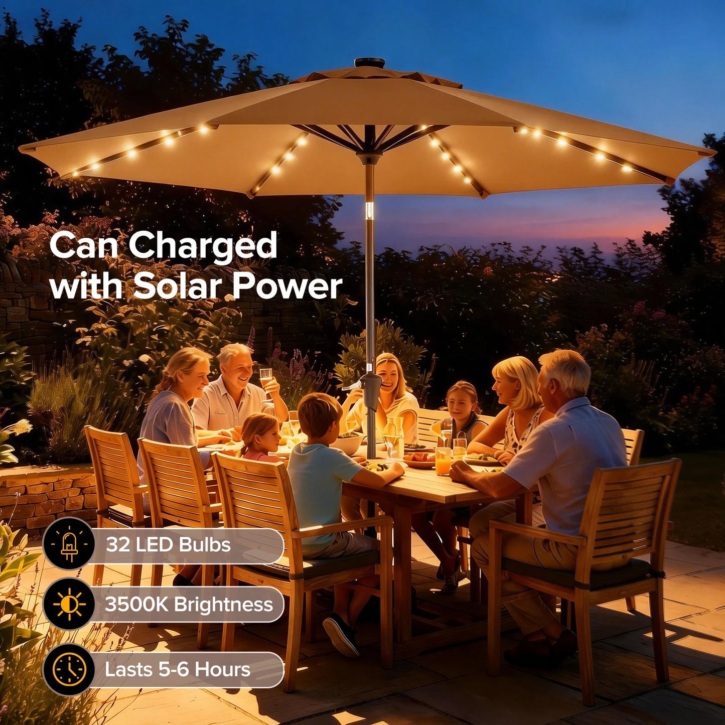 JHK Solar Patio Umbrella With 32 LED Lights Tilt Crank UV Resistant