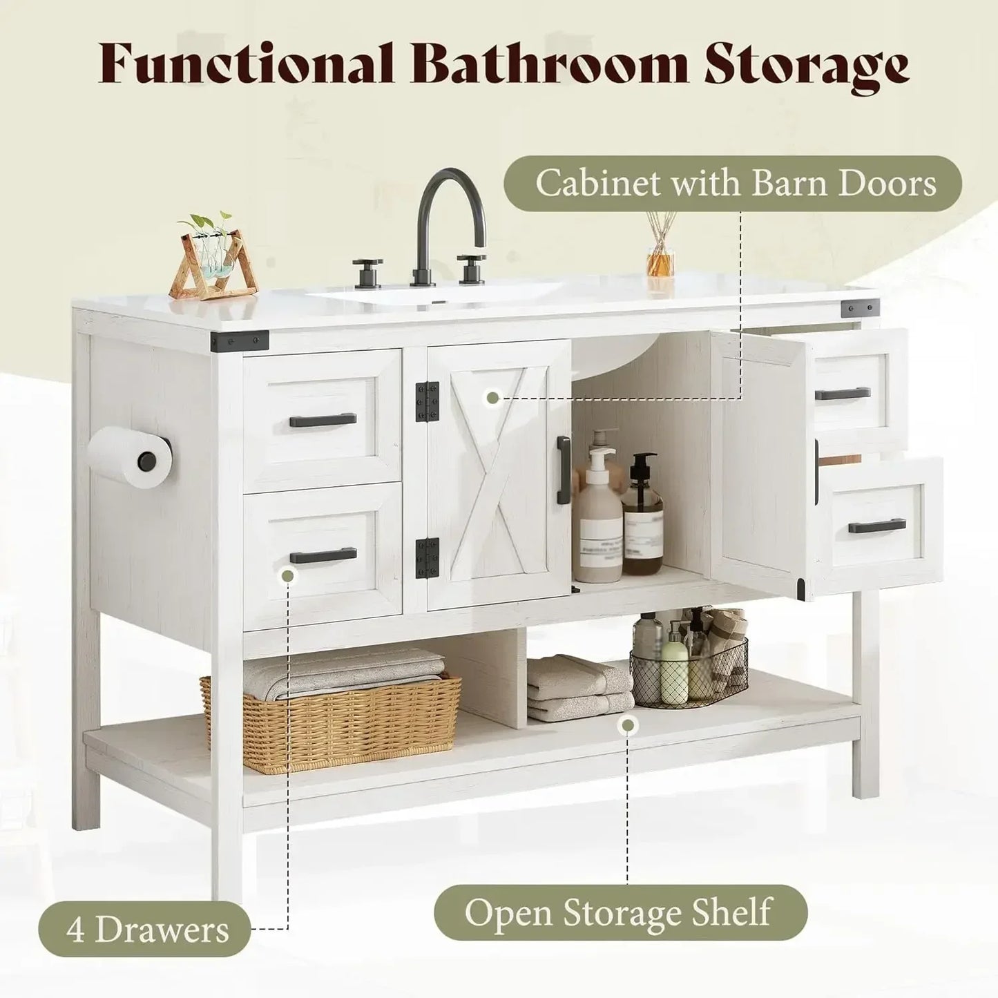 Farmhouse Freestanding Vanity With Porcelain Sink And Four Drawers