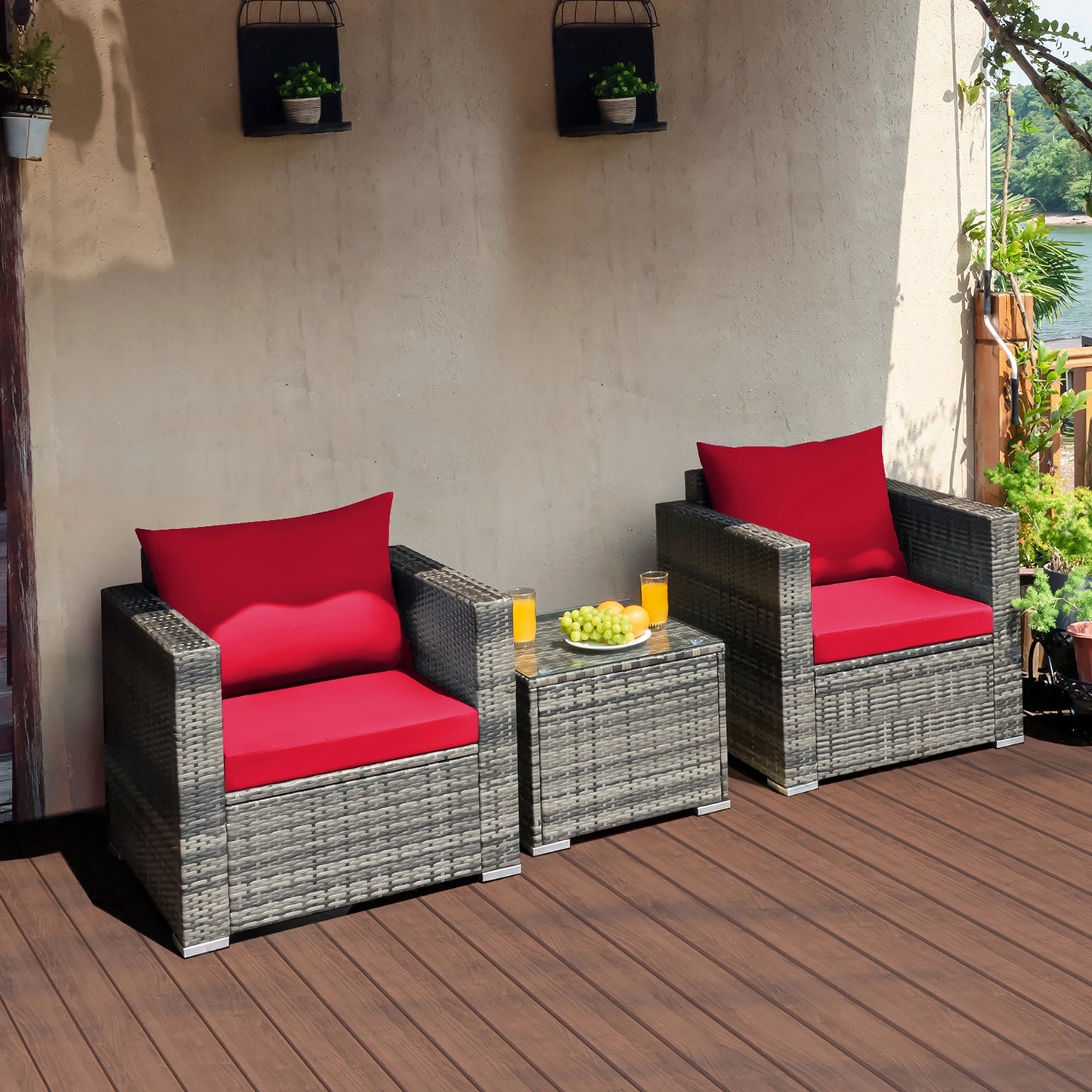 HOMASIS 3 Piece Patio Rattan Bistro Set Cushioned Outdoor Furniture