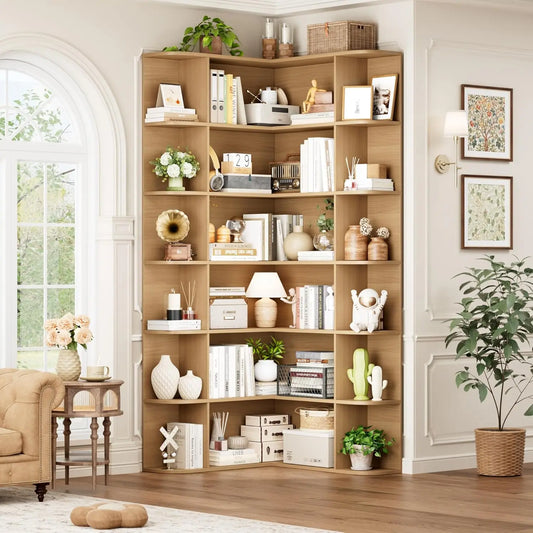 L Shaped Corner Bookshelf Six Tier Wood Bookcase Home Office