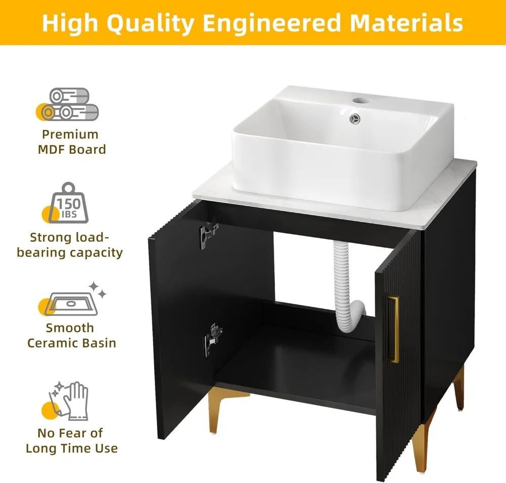 Modern Oak Bathroom Vanity With Countertop Sink Combo Soft Closing