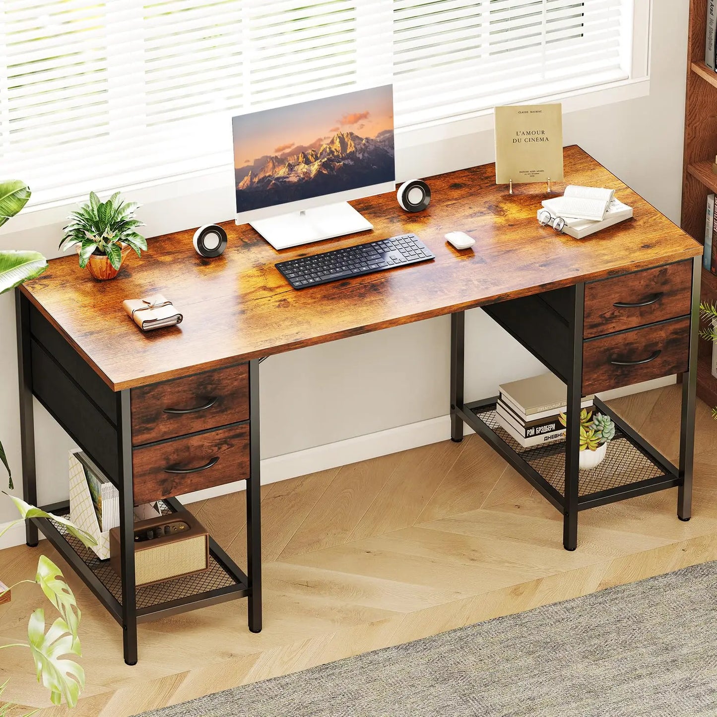 JHK Computer Desk With 4 Drawers And Mesh Shelf Home