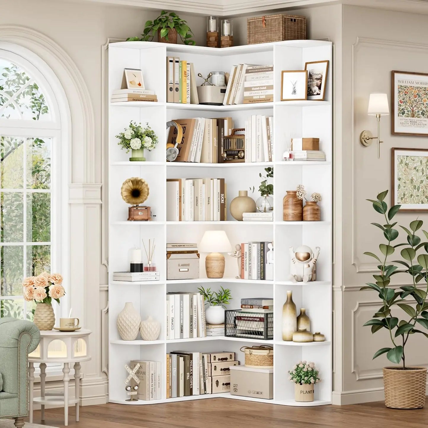 L Shaped Corner Bookshelf Six Tier Wood Bookcase Home Office