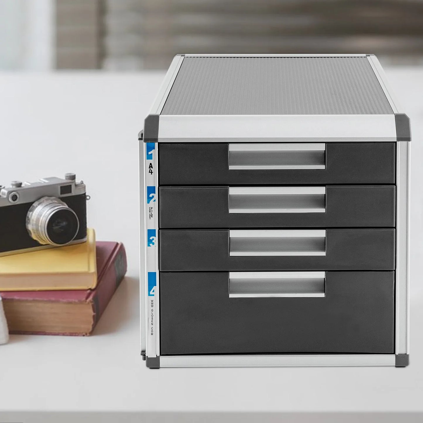 4 Layer Desktop Drawer Organizer File Cabinet Aluminum MDF Storage