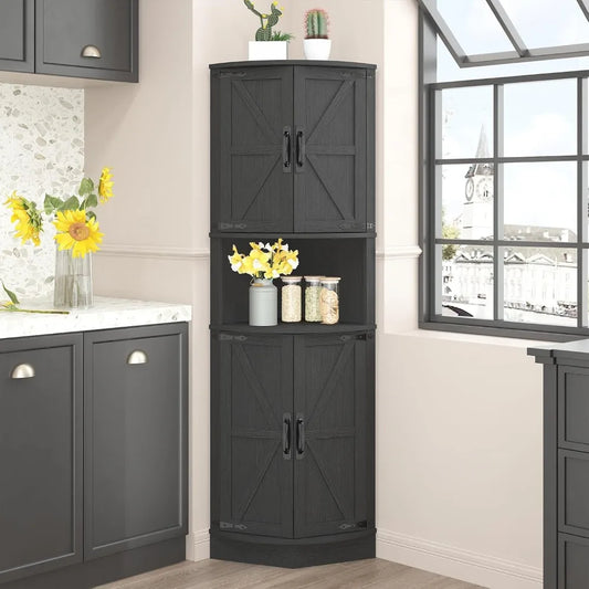 Farmhouse Corner Cabinet With Barn Door 4 Doors 5 Shelves