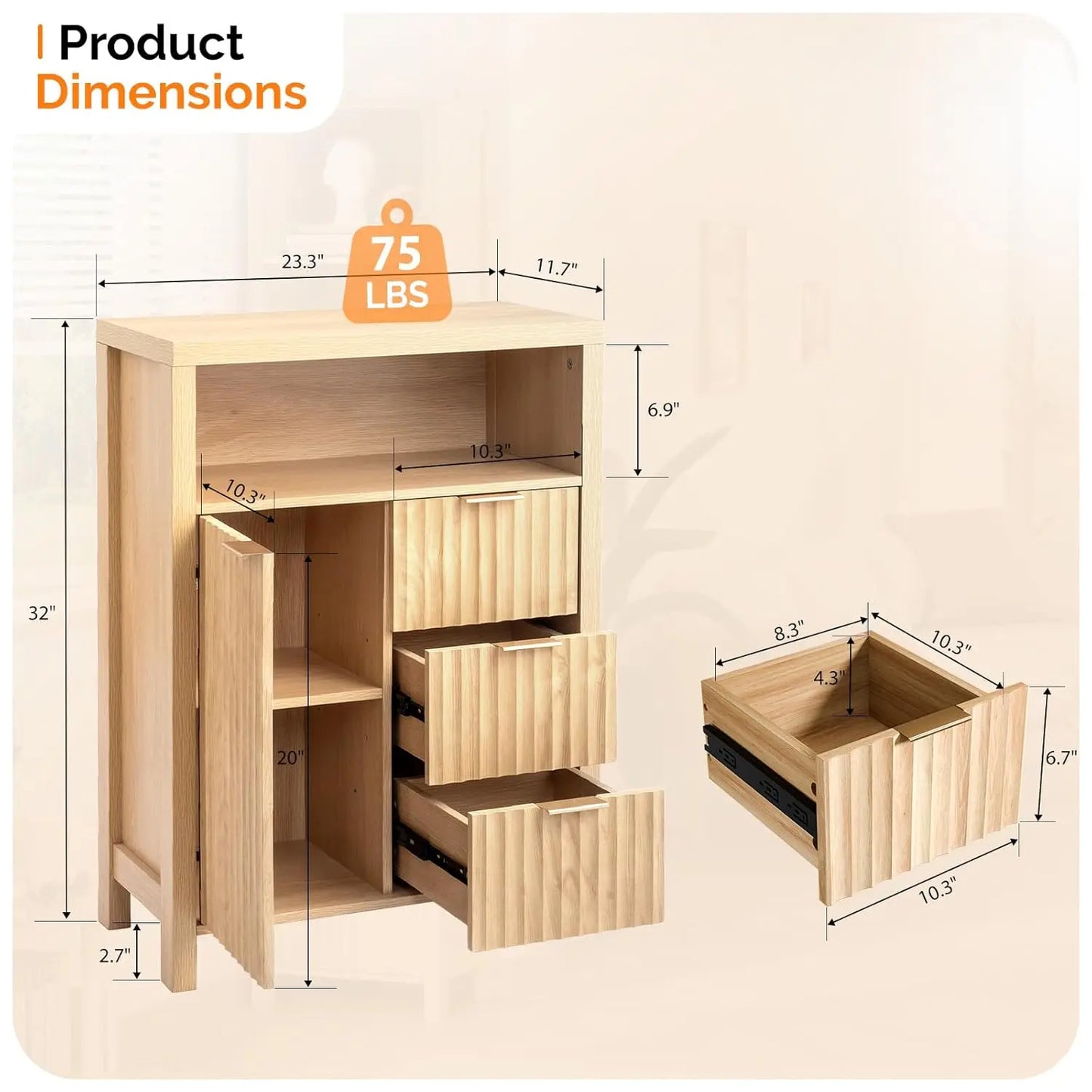 Fluted Bathroom Floor Storage Cabinet With Fluted Doors And Drawers
