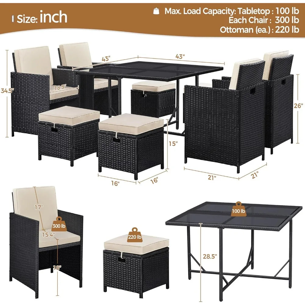 9-Piece Outdoor Patio Dining Set With Rattan Glass Table