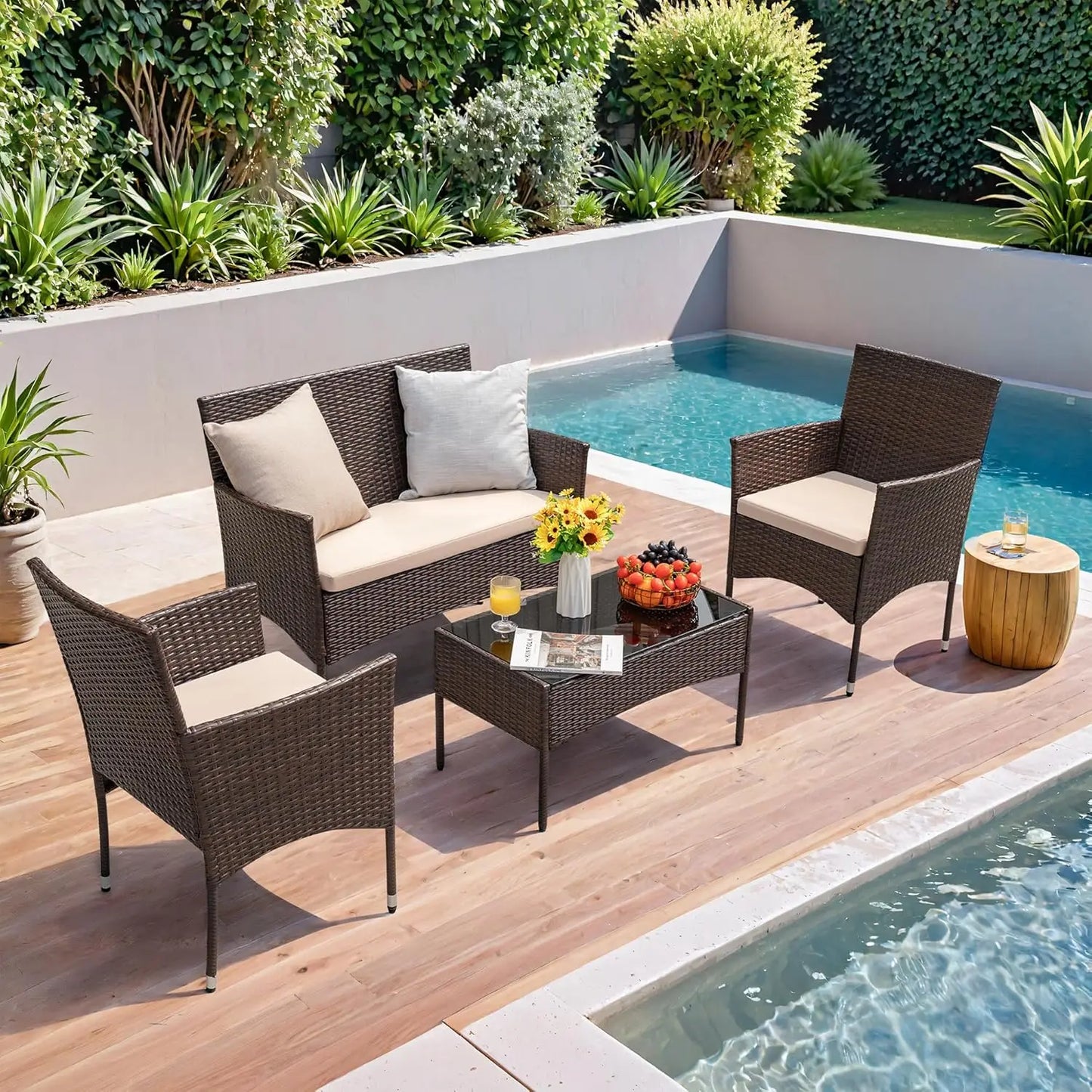 Outdoor 4 Piece Rattan Wicker Patio Set For Garden Porch