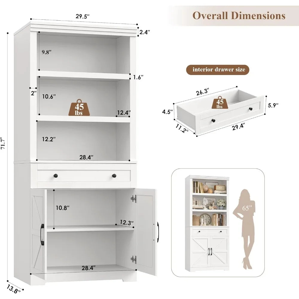 Farmhouse Wood Bookcase With Drawers And Doors Open Shelves