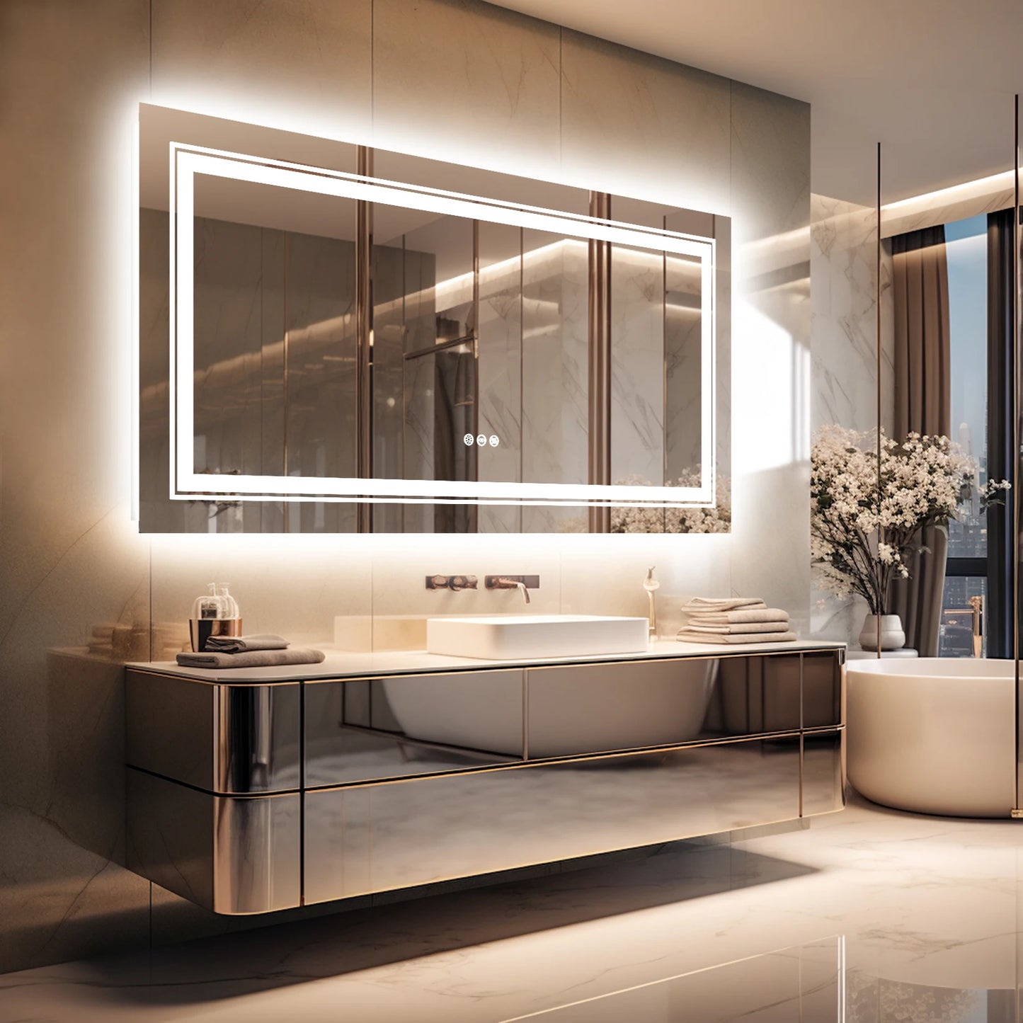 Wisfor LED Backlit Bathroom Mirror With Memory Anti Fog Front And Back Lighting