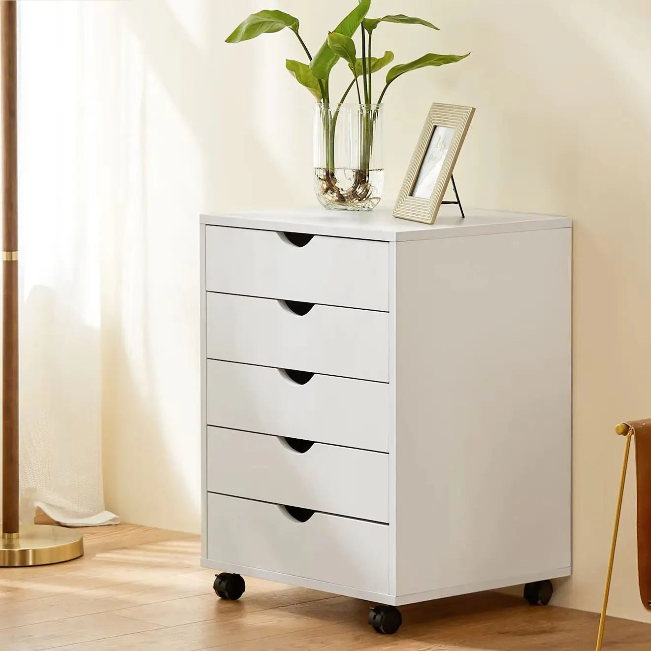 JHK Wood Nightstand Cabinet With 5 Drawers And Rollers