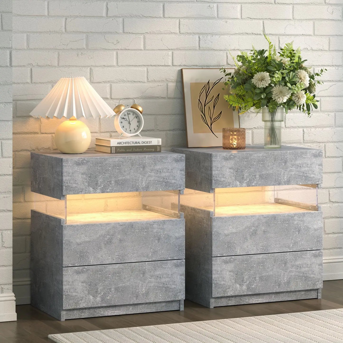 Cubehom Bedside Table Set With LED Lighting And 3 Drawers