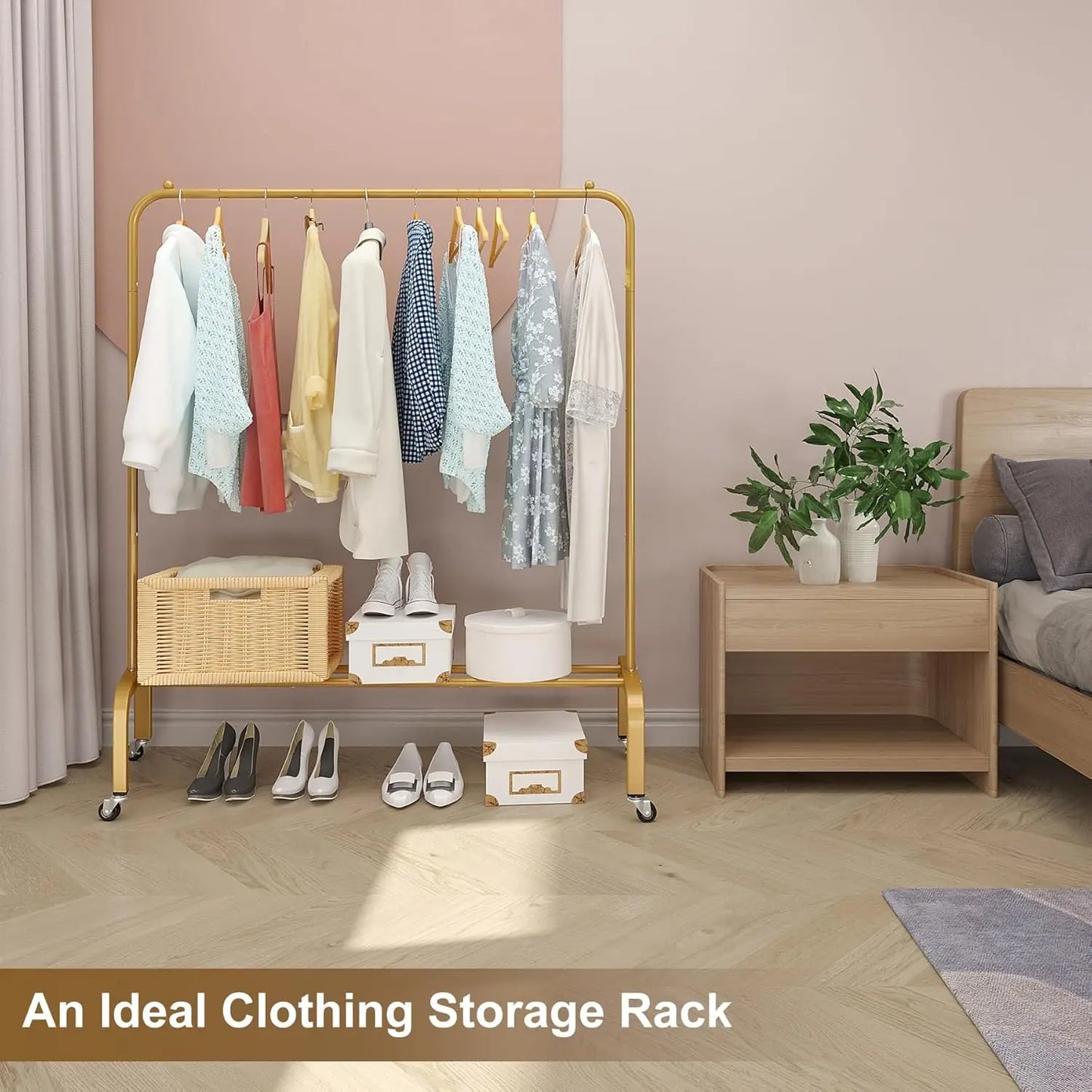 XMSJ Gold Metal Clothing Rack With Wheels And Bottom Shelf