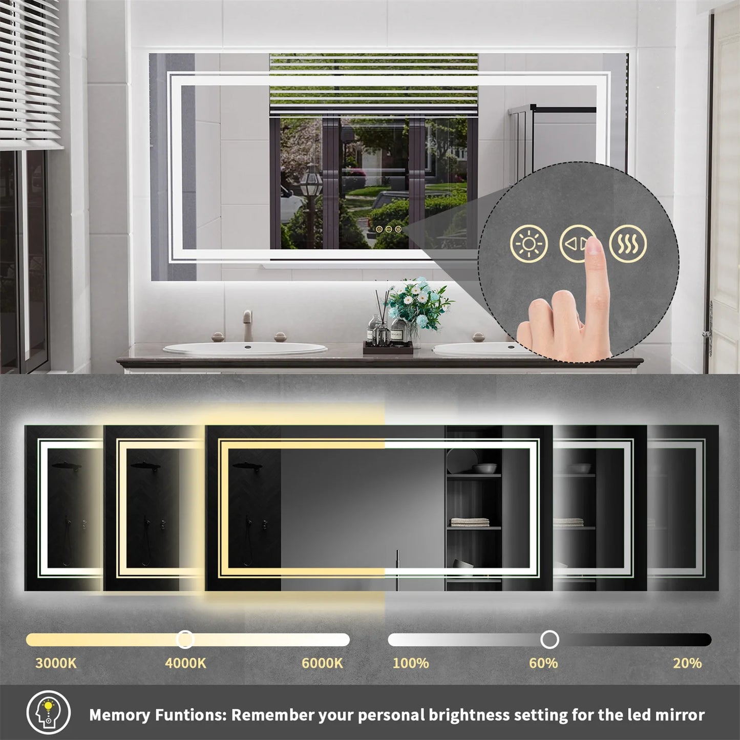 LED Backlit Bathroom Mirror With Anti Fog Dual Lights Touch