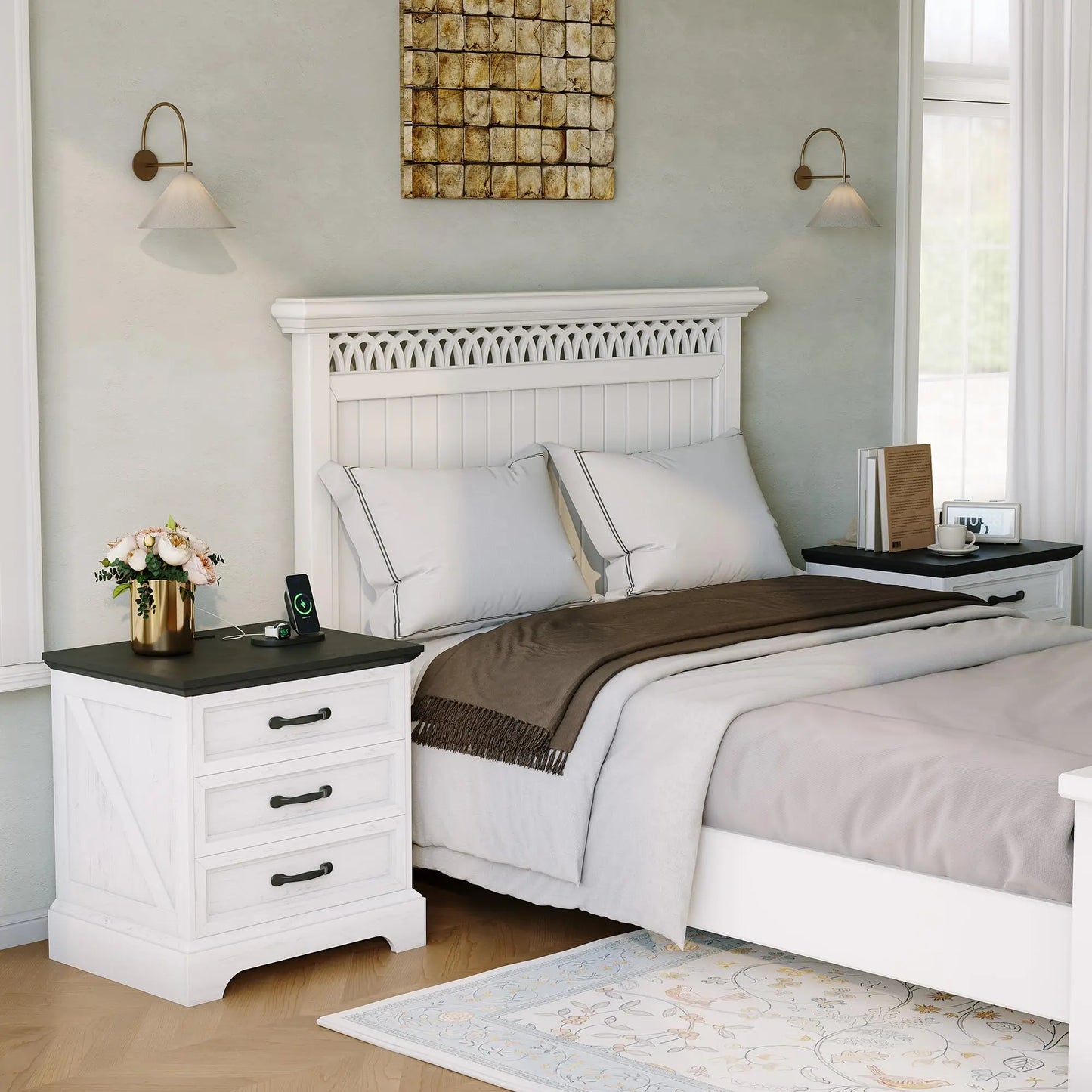 Modern Farmhouse Wood Nightstand With Charging Station And Drawers