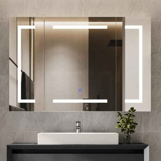 Lighted Medicine Cabinet With Mirror Wall Mounted 3 Doors Bathroom