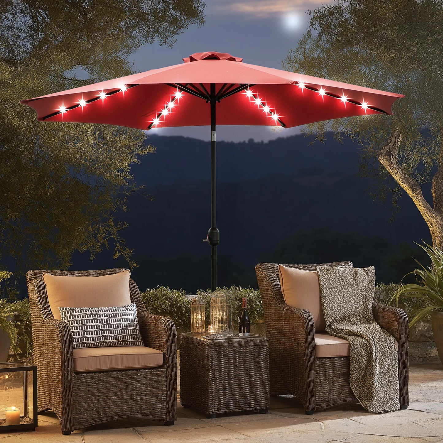 JHK Solar Patio Umbrella With 32 LED Lights Outdoor