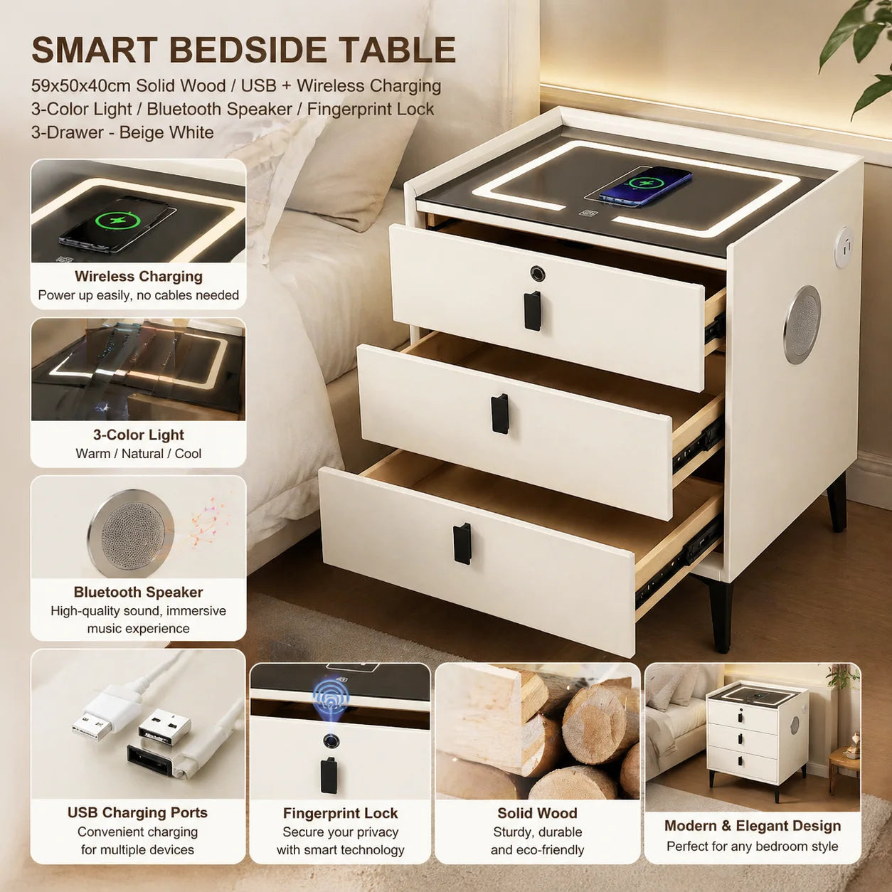 Solid Wood Nightstand With USB Charging Bluetooth Speaker And 3 Drawers