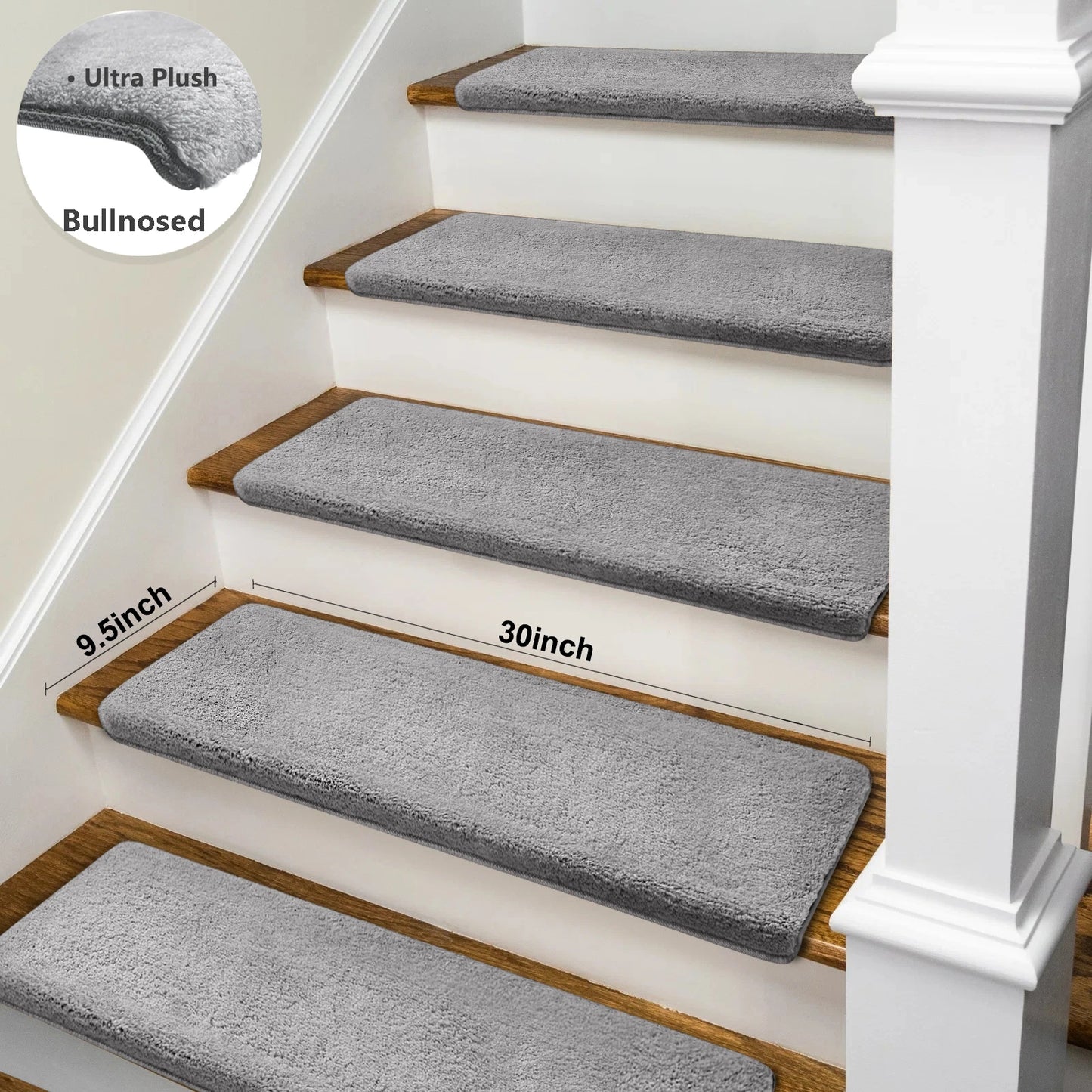 Non-Slip Bullnose Stair Treads Washable Self-Adhesive Plush Carpet Mats