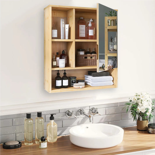 Natural Bamboo Wall Mounted Medicine Cabinet With Five Tier Shelves
