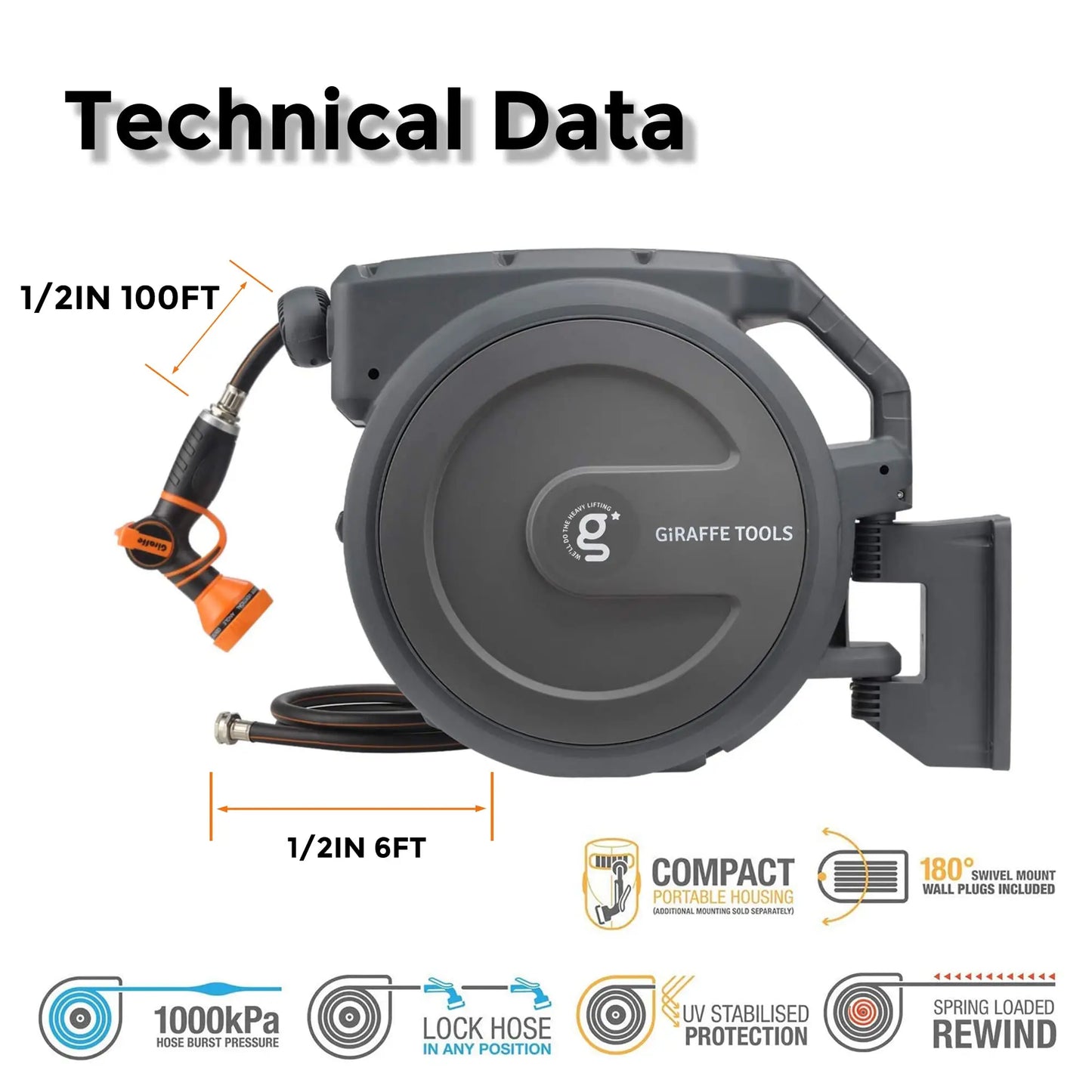 Giraffe Tools AW30 Wall Mounted Hose Reel Retractable Rewind Lock